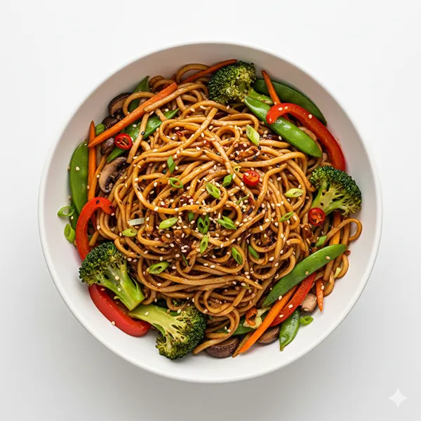 Asian burnt chili garlic noodle bowl with stir-fry veggies